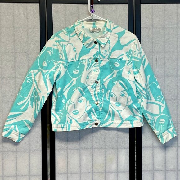 Impulse California Jackets & Blazers - Impulse California Trucker Jean Jacket M White Aqua Pop Art Graphic Female Faces